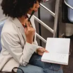 woman sitting in a subway car writing in a journal.